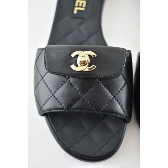 Chanel REV Black Turnlock Quilted Gold CC Logo Mules Slide Sandal Flop Flat 37 - Picture 8 of 12